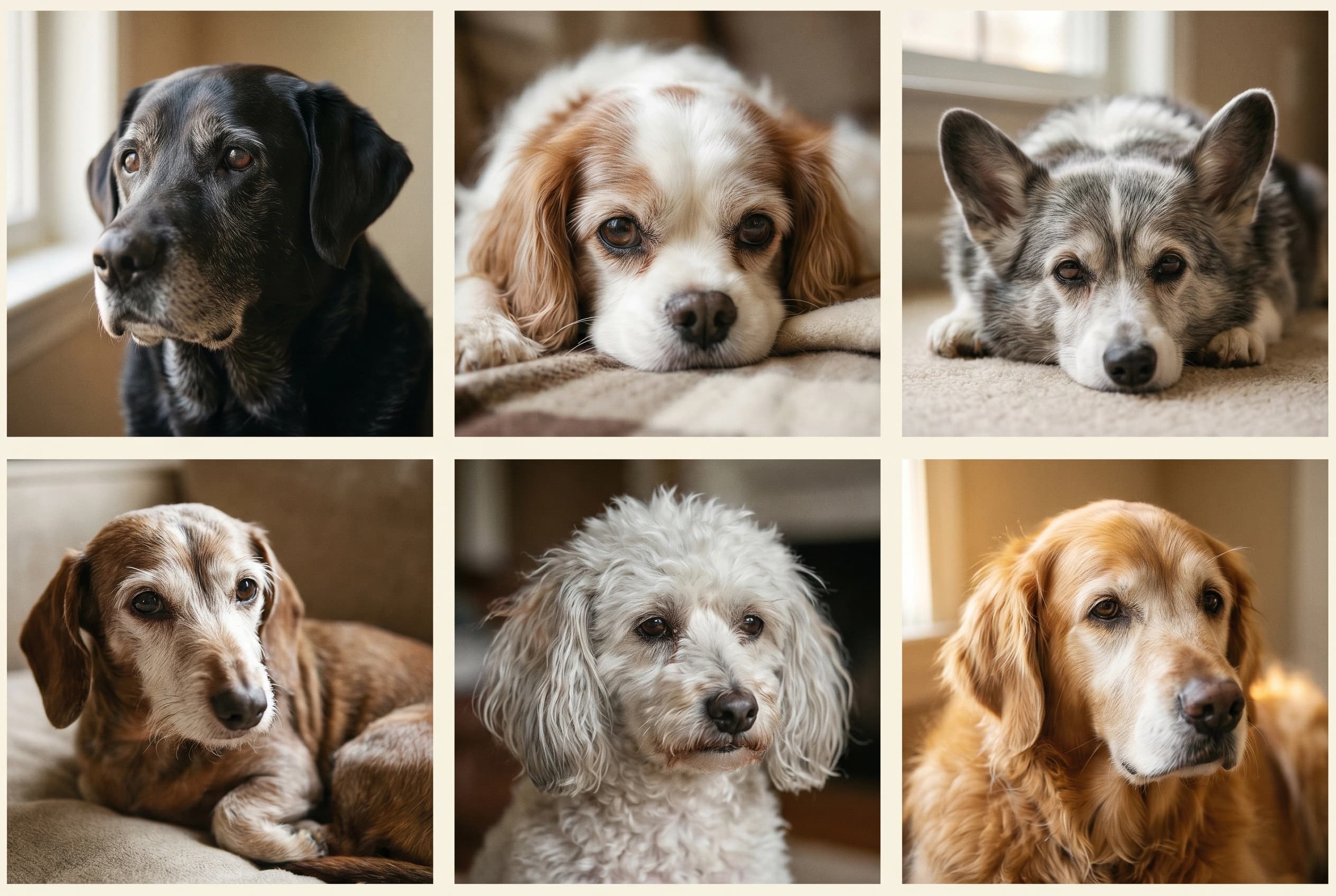 Six different senior dogs of varied breeds shown in a portrait grid
