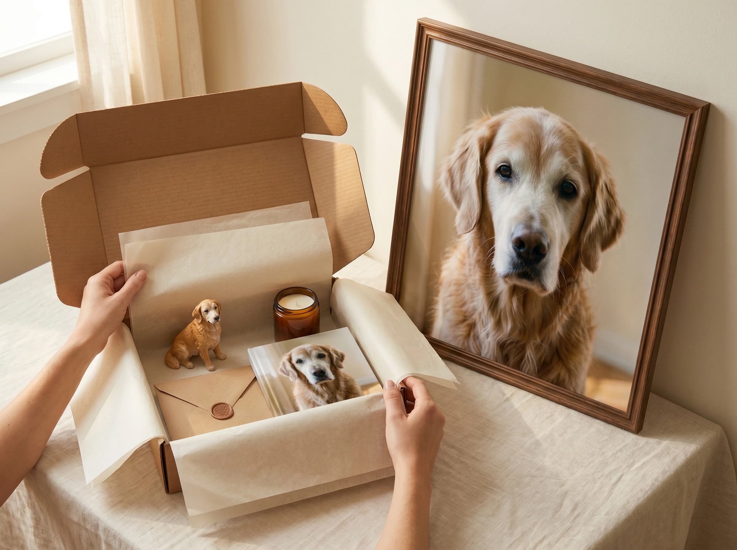 Kraft cardboard shipping box opened to reveal the five tribute pieces nested in tissue