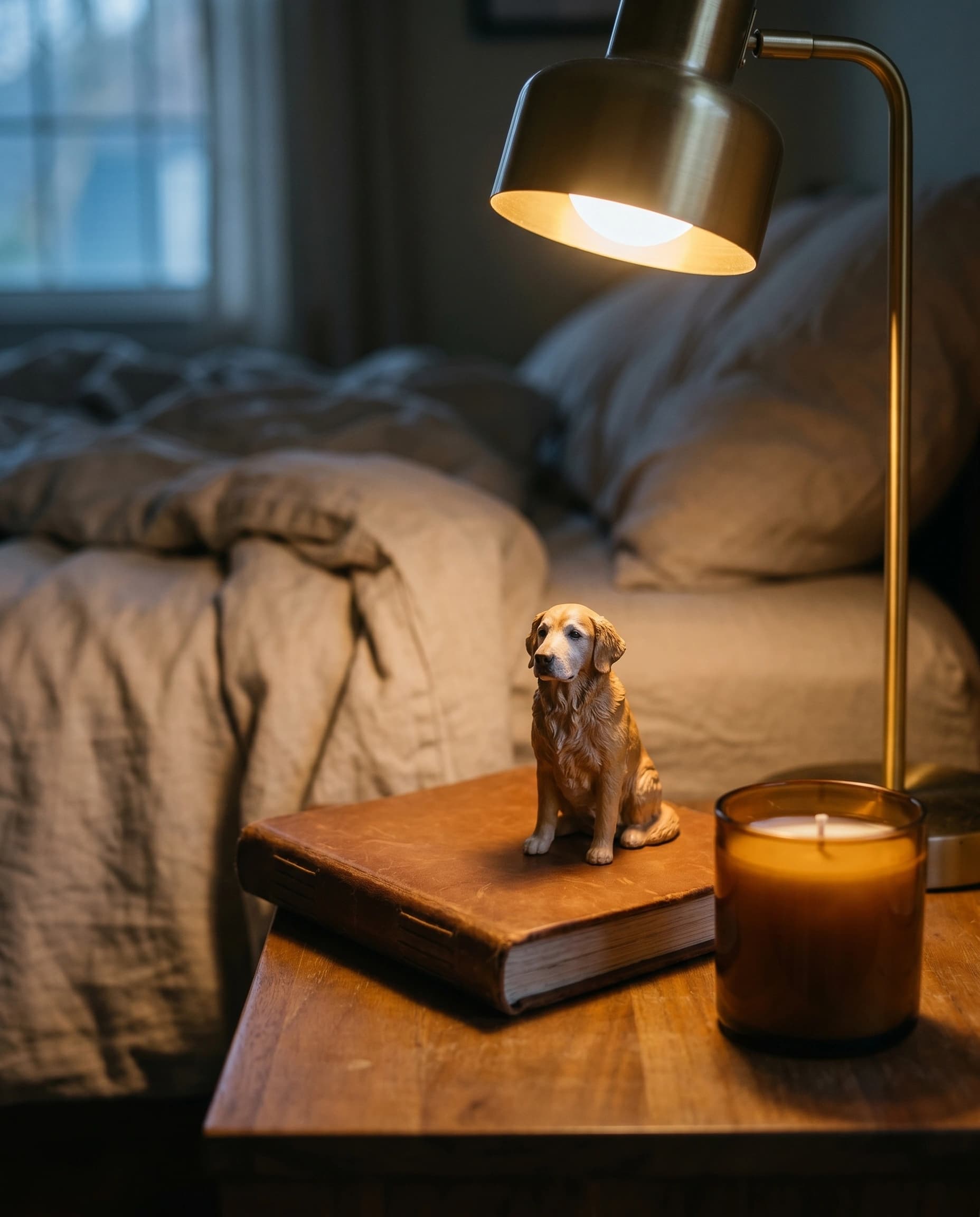 Bedside, before sleep — figurine, memory book, candle, brass lamp