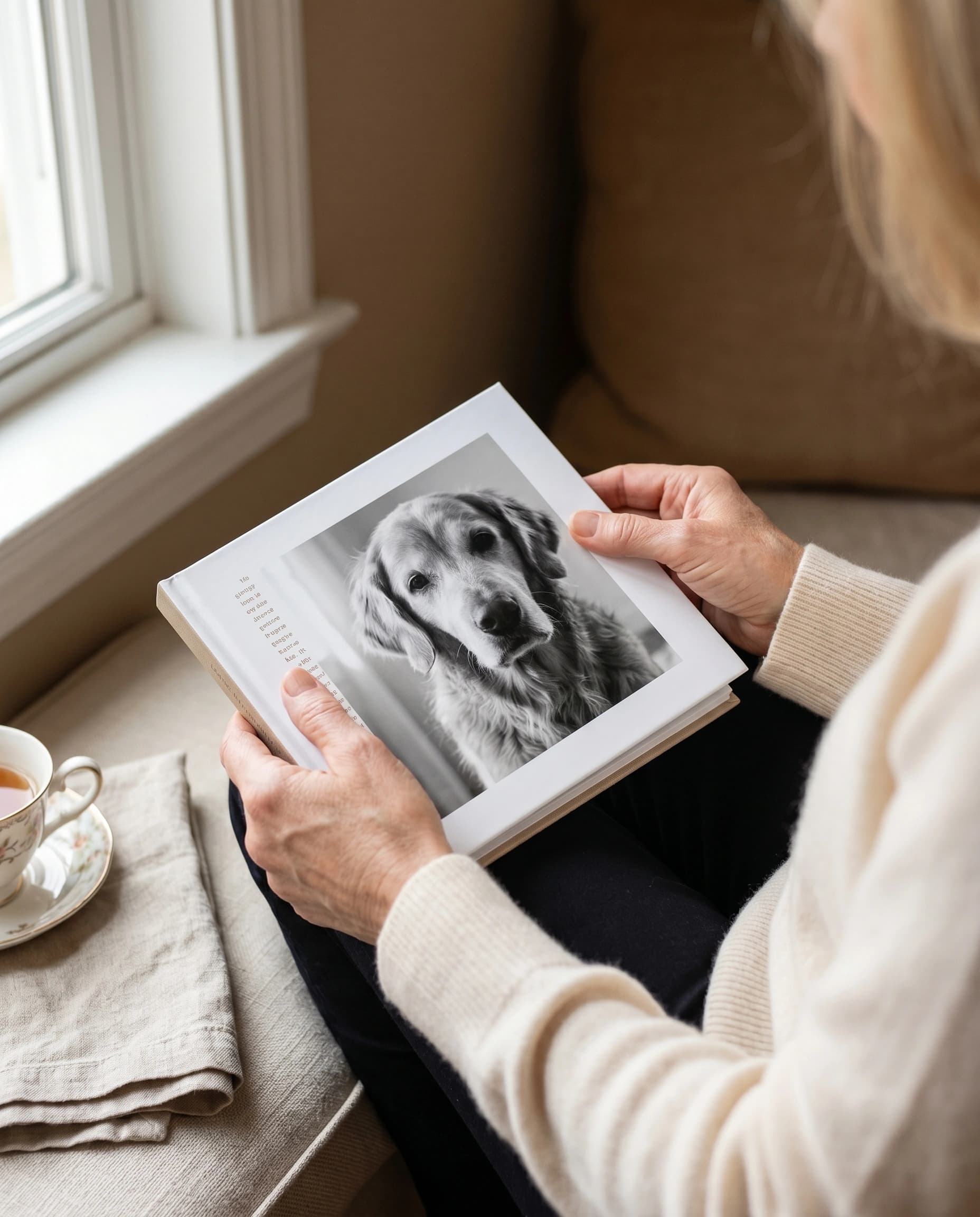 Reading nook — open memory book on a woman's lap