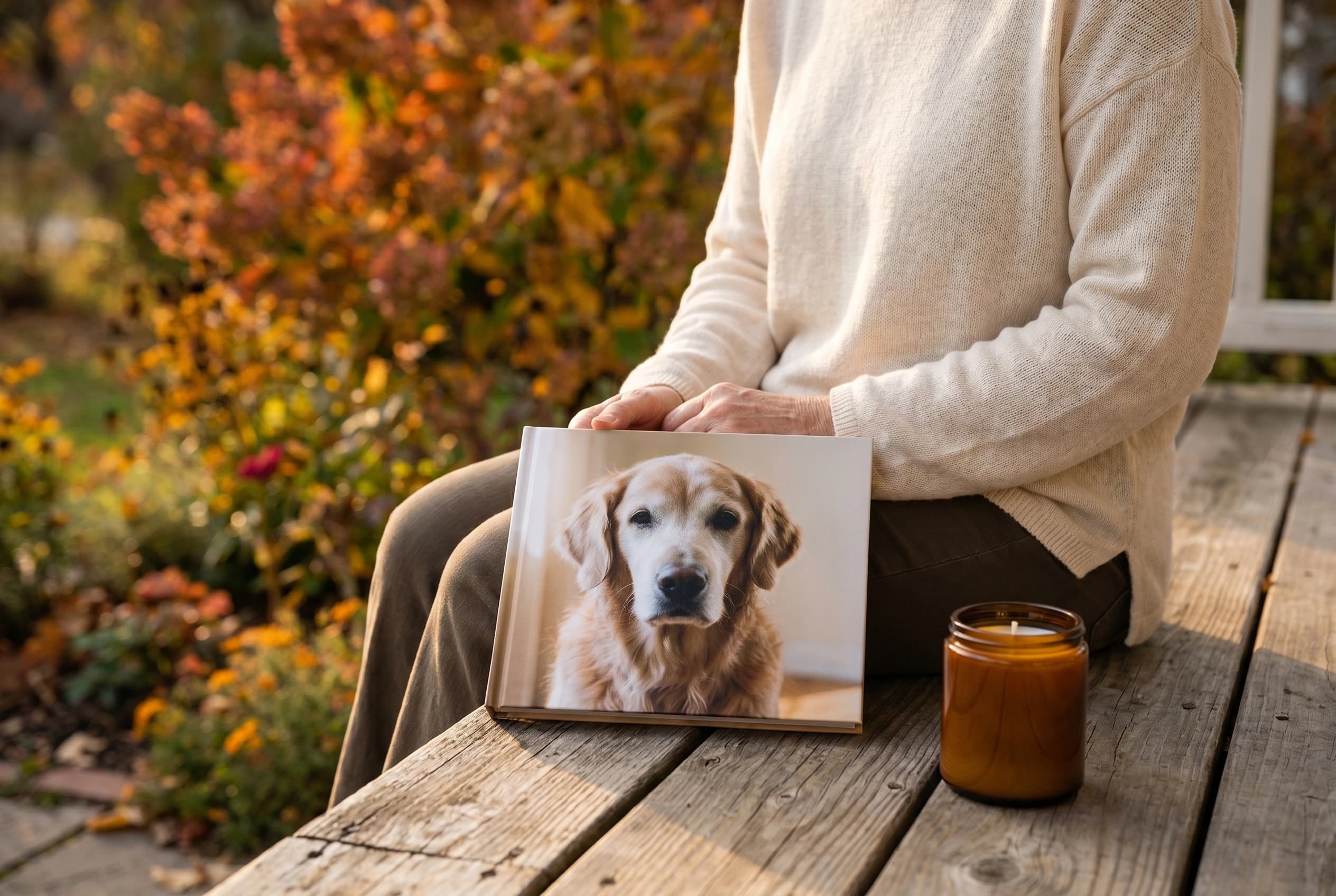 Late afternoon porch — memory book and candle on the boards beside her