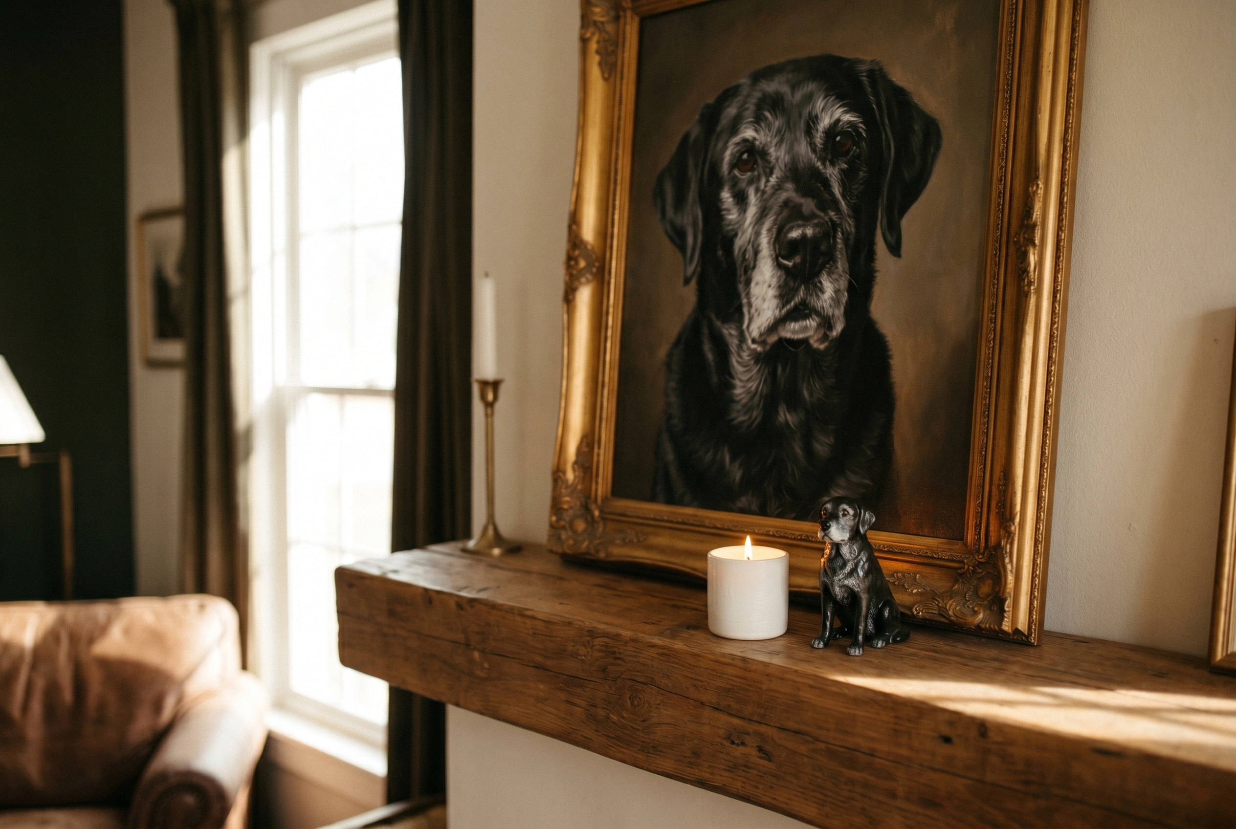 Another family's mantel — senior black Labrador in an ornate gold frame, with candle and figurine