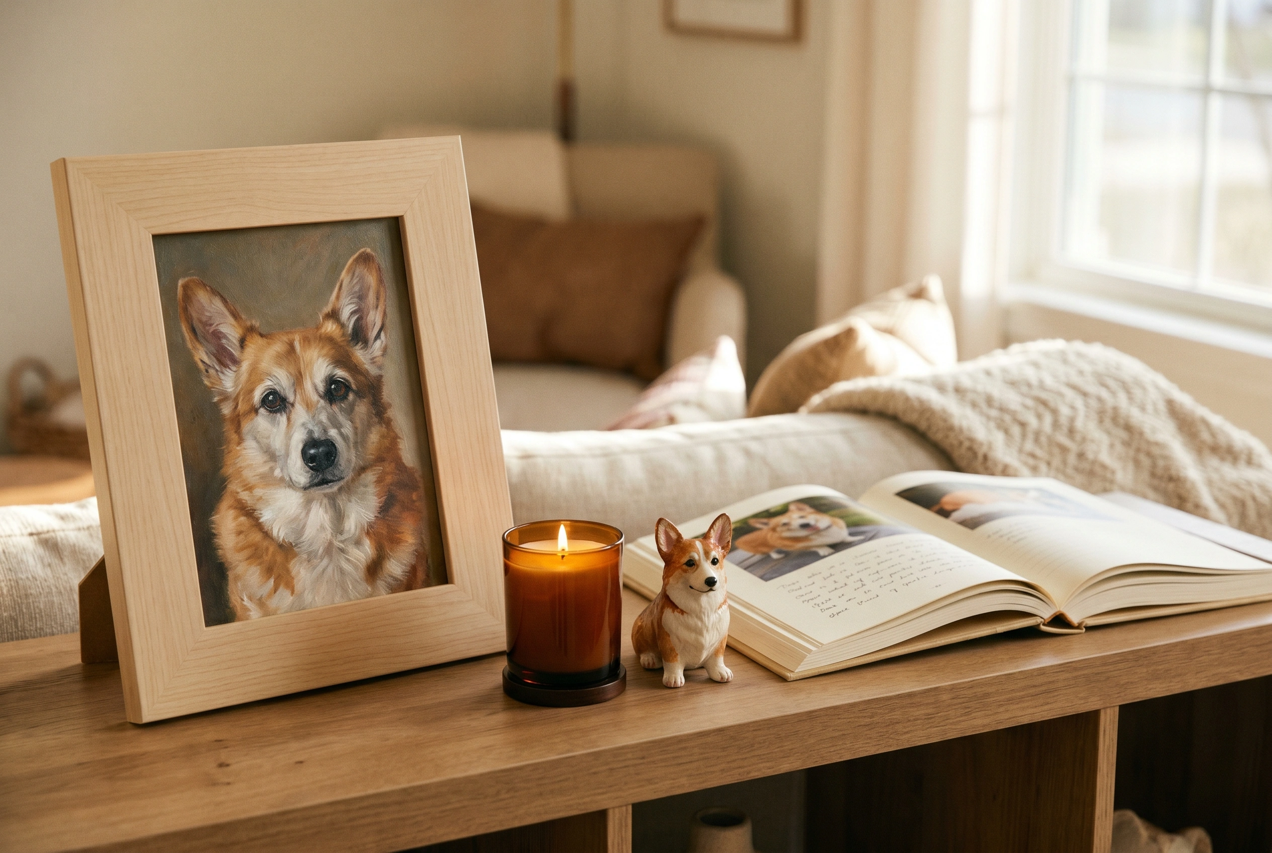 Another family's console — senior corgi in a wood frame, candle, figurine, open memory book