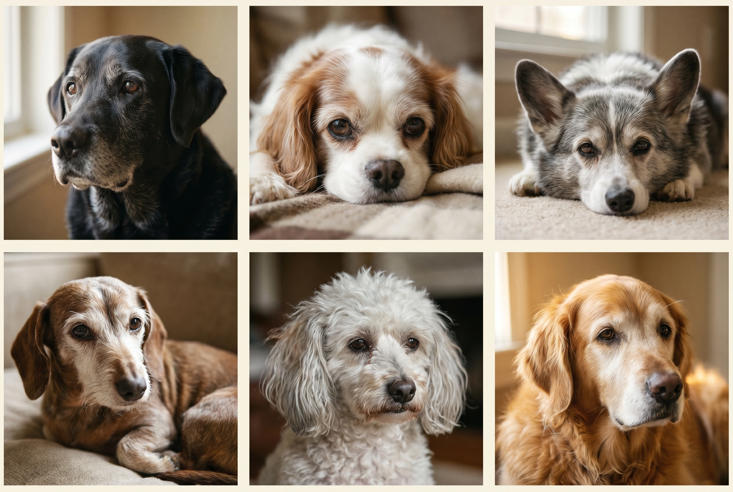 Six different senior dogs of varied breeds shown in a portrait grid