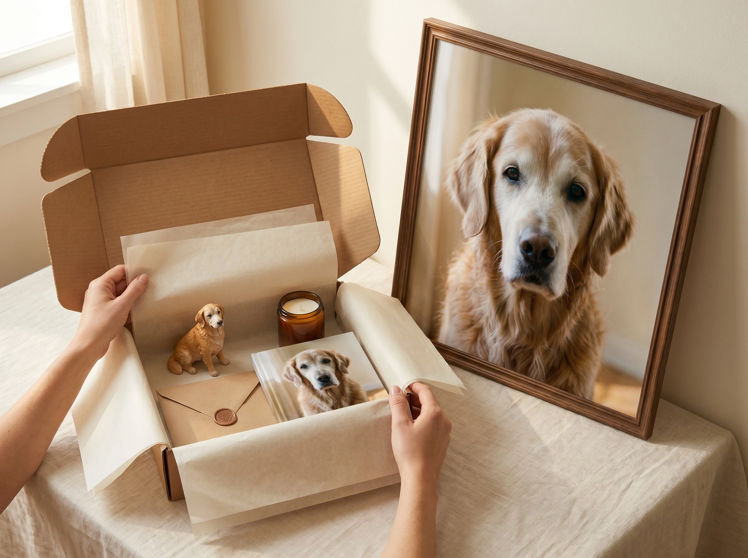 Kraft cardboard shipping box opened to reveal the five tribute pieces nested in tissue