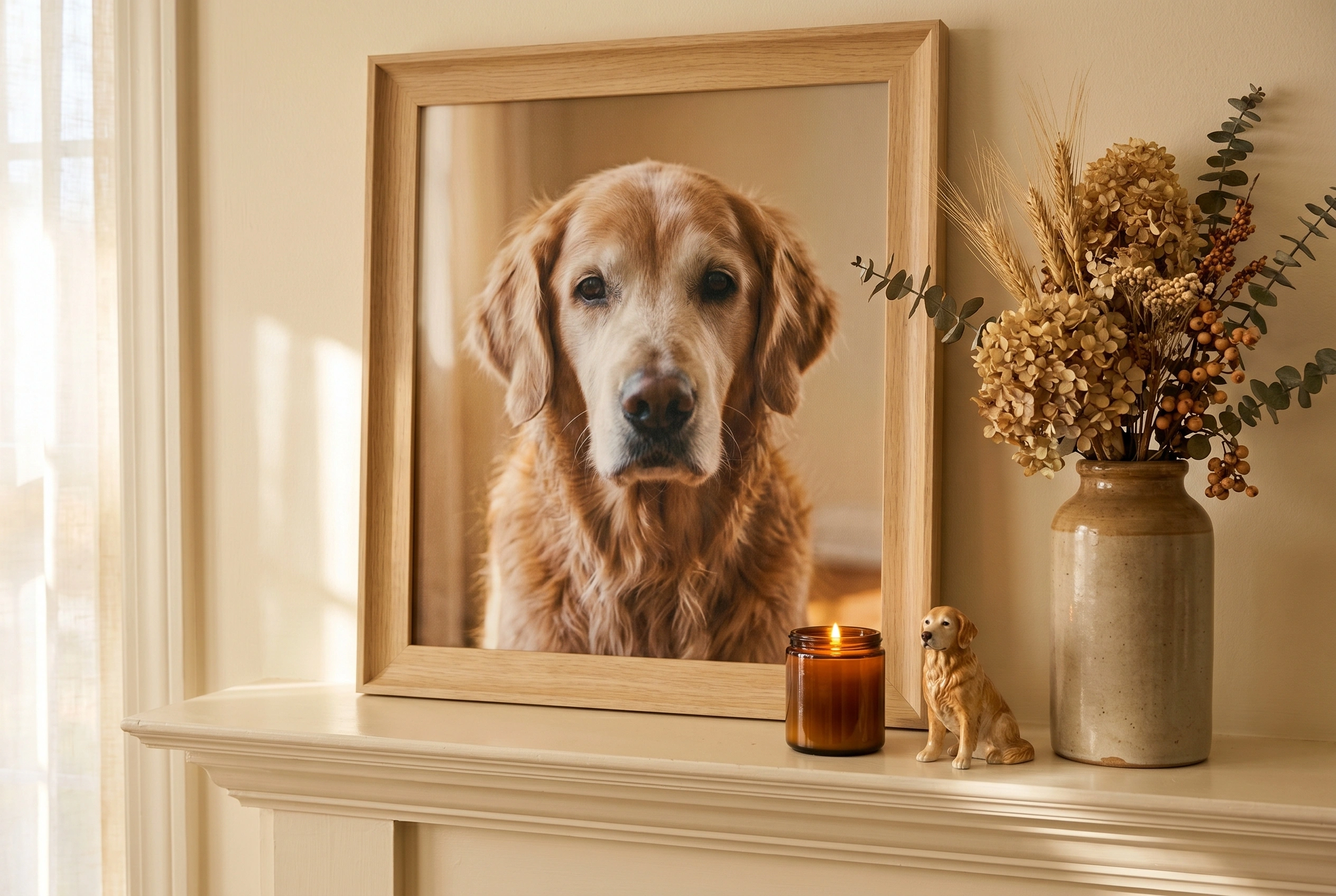 Mantelpiece, late October — framed portrait, candle, figurine